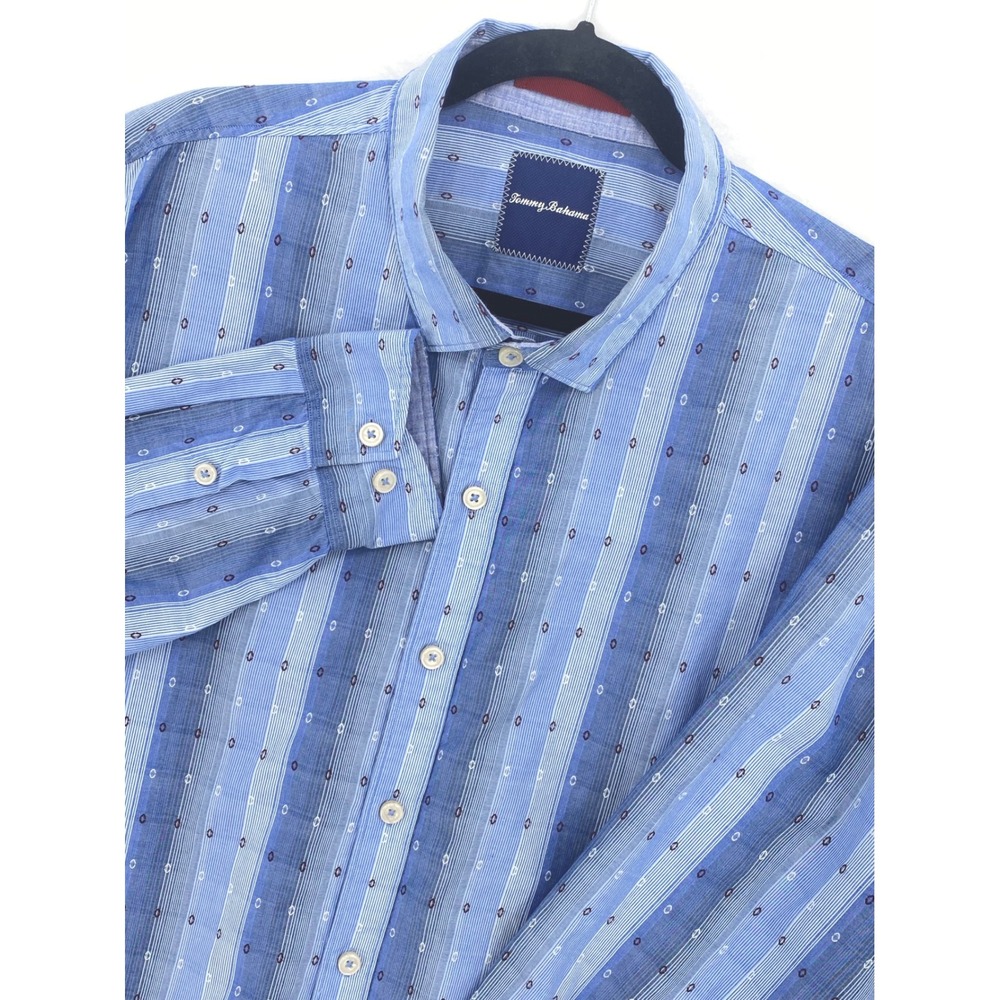 Tommy Bahama Shirt Men XXL Blue Striped Geometric‎ Dobby Long Sleeve Button Down